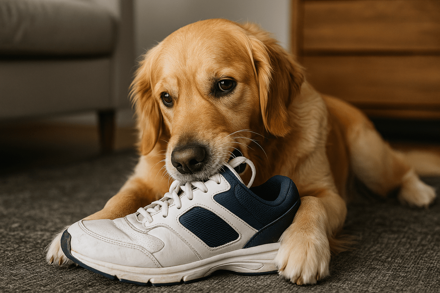Arany retriever egy cipot nezeget homen