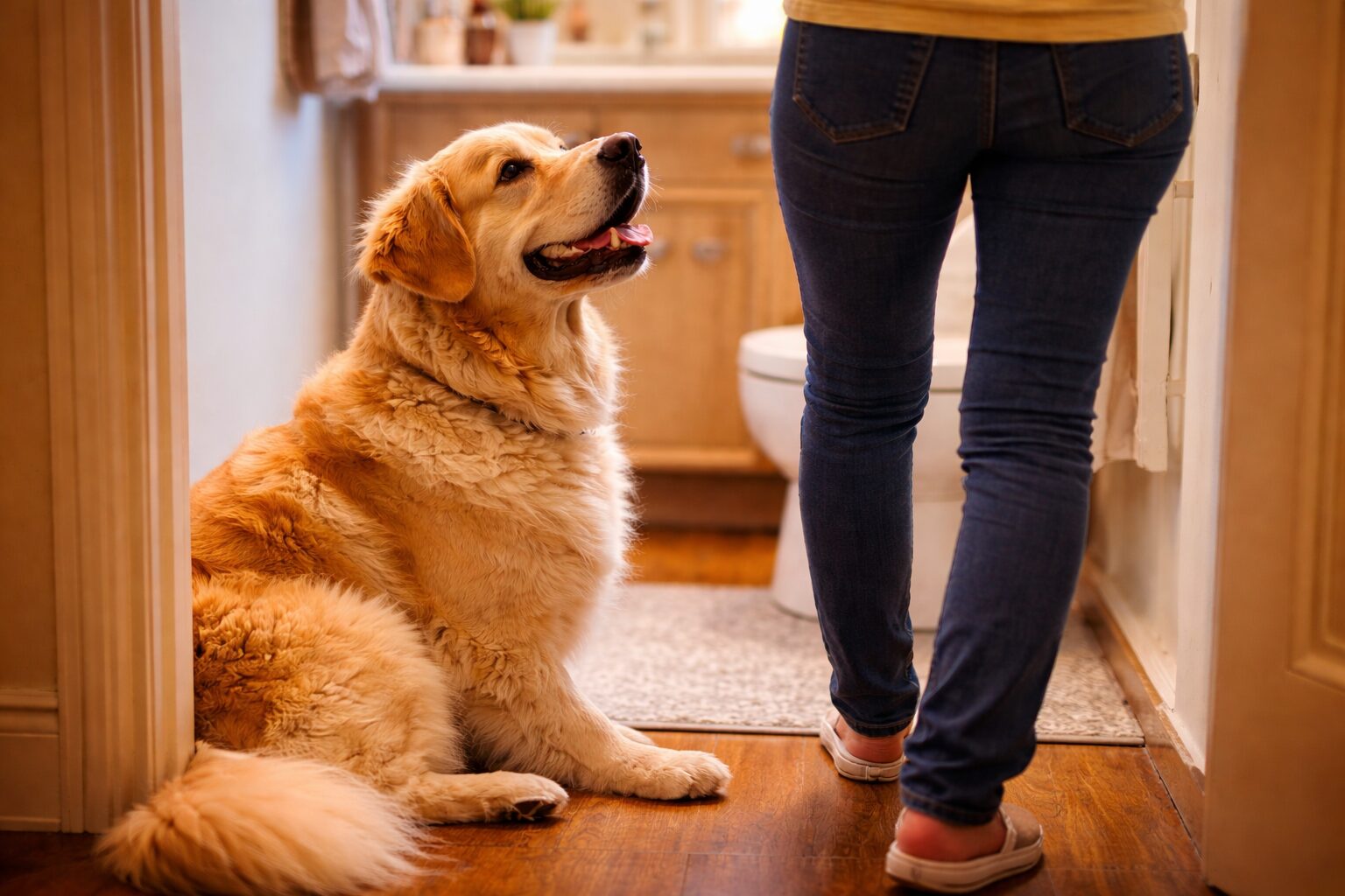 Arany retriever a furdoszoba elott