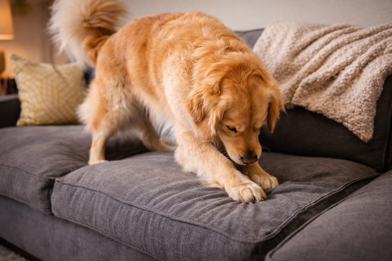 Arany retriever dorgolodik a kanapen